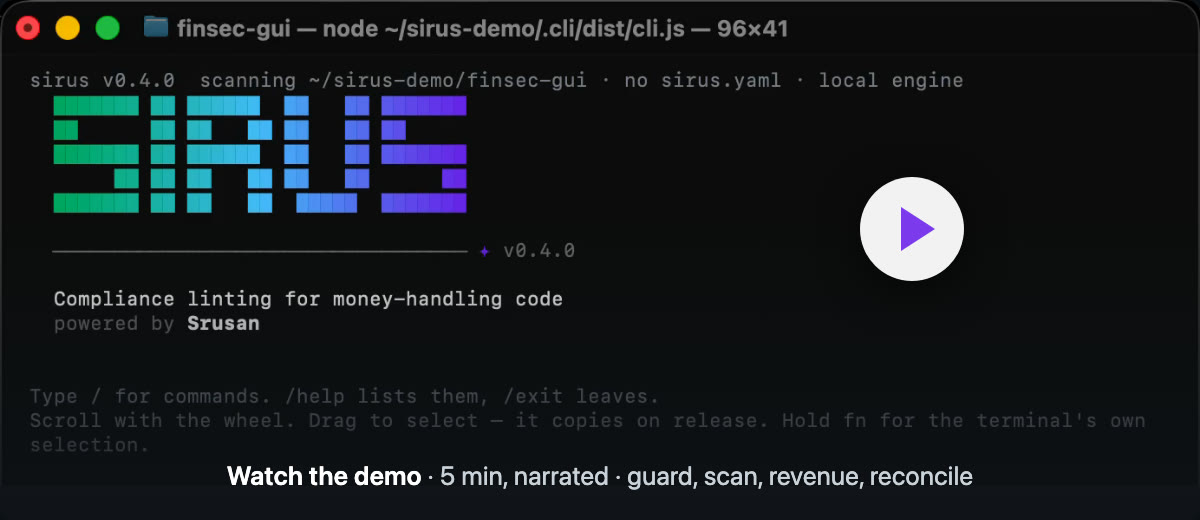 Sirus running in a terminal: the five-minute narrated demo